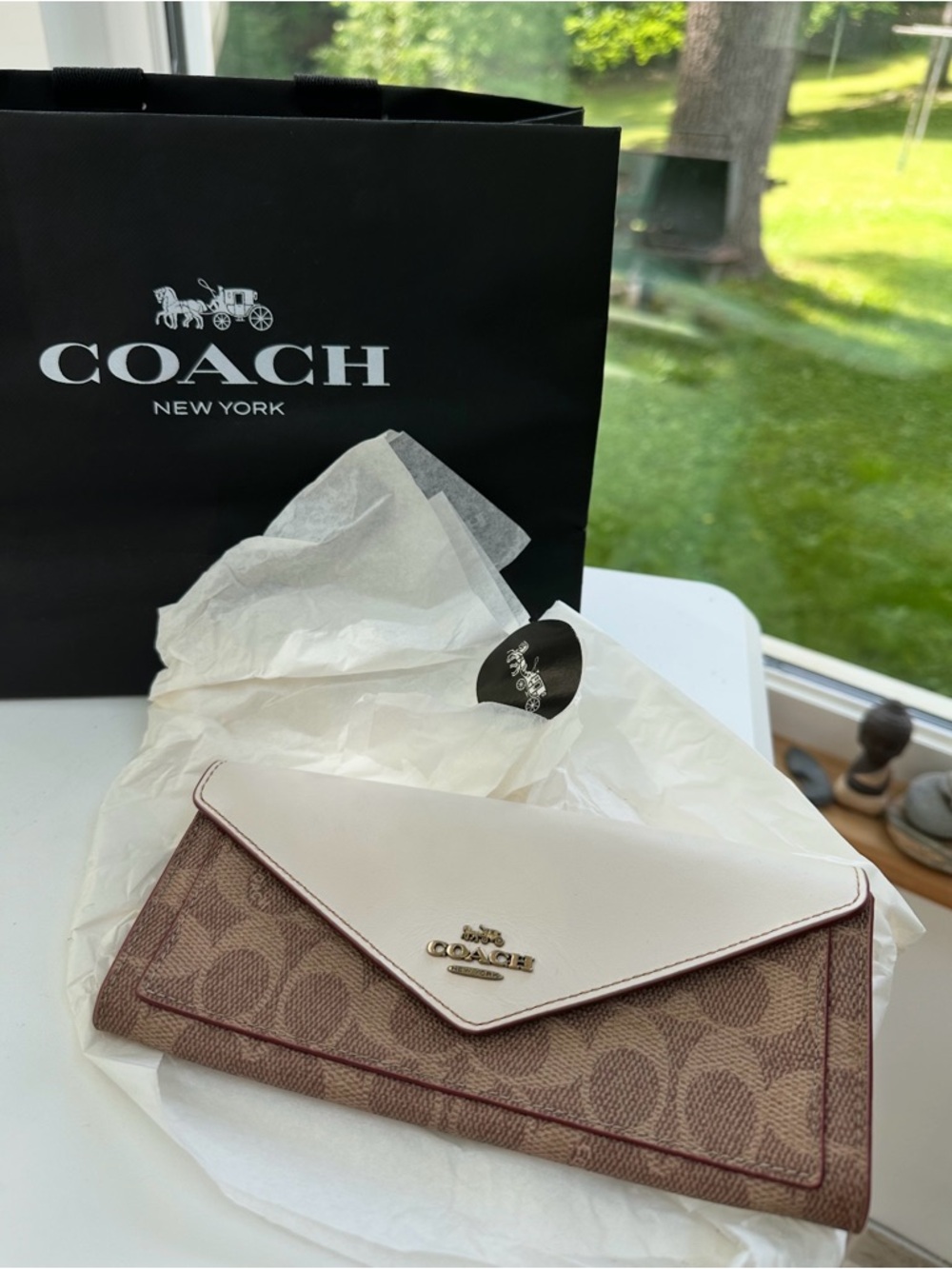Coach Khaki Signature Canvas Wallet with Pale Pink Flap